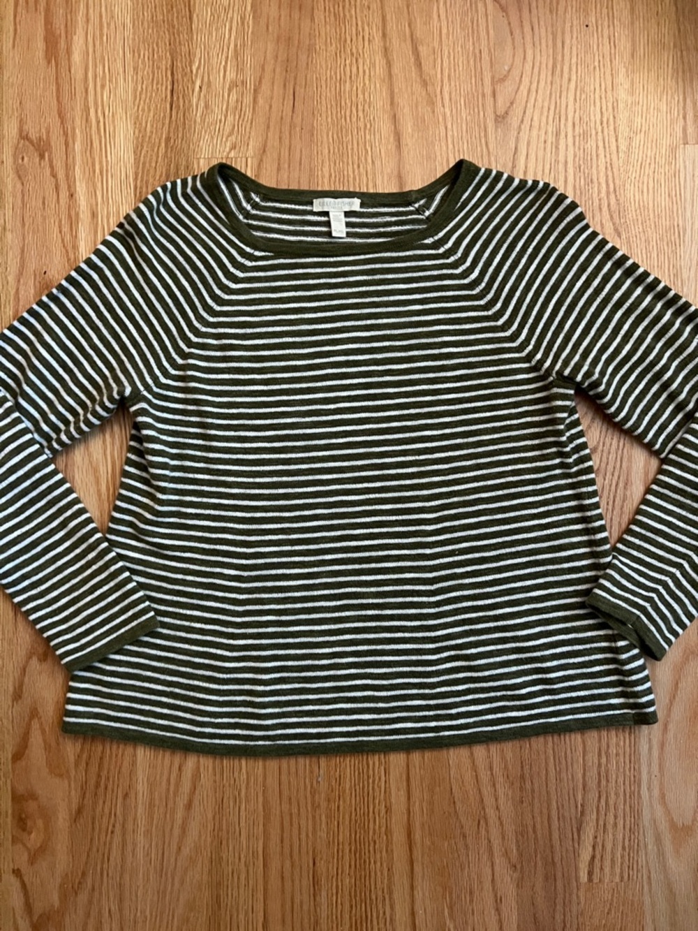 Eileen Fisher P/L Linen/Cotton Olive Green White Stripe Top